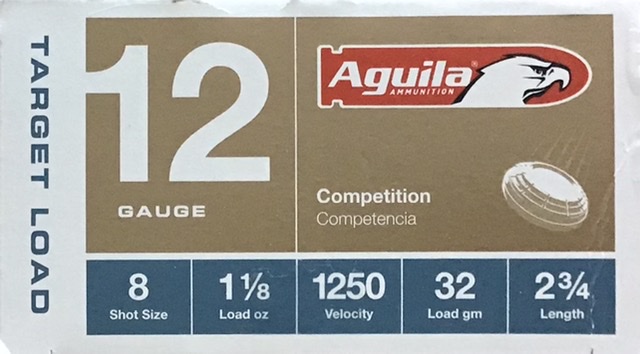 12 Gauge Aguila Competition Target Load 2 3/4" 8 Shot 1 1/8 oz. 1250 fps 25 Rounds M-ID: 640420006062 UPC: 640420006062