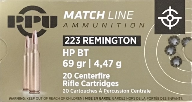 223 Rem PPU Match Line 69 gr HPBT 200 rnds (10 boxes of 20 rnds) Brass M-ID: PPM2231 UPC: 8605003812104