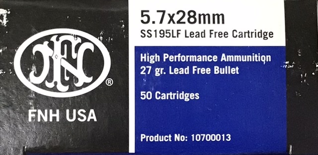 5.7x28 FNH 27 Gr SS195 LF Round (10 Boxes of 50 Rounds) = 500 Rounds M-ID: 10700013 UPC: 818513002943