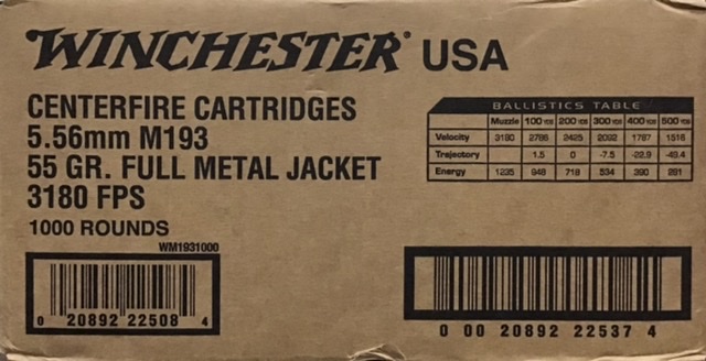 5.56mm Winchester M193 55 Grain Full Metal Jacket 1000 Rounds Bulk M-ID: WM1931000 UPC: 020892225084