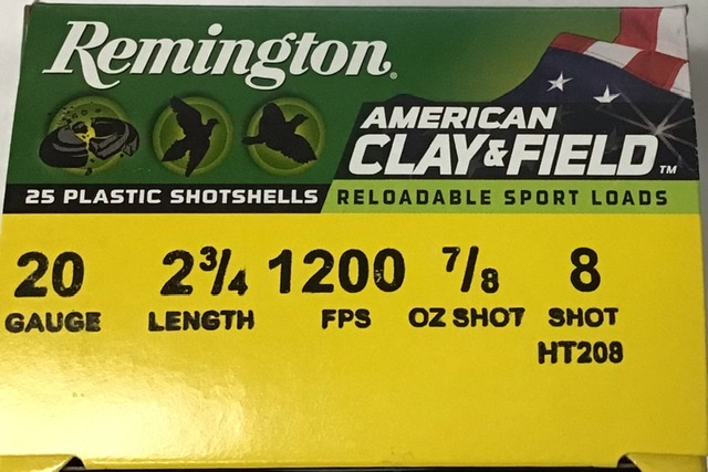 20 Gauge Remington American Clay & Field 2.75 in. 7/8 oz. 8 shot 25 rnds 1200 fps M-ID: 20379/HT208 UPC: 047700520605