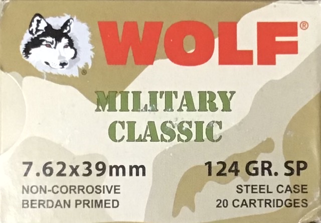 7.62x39mm Wolf Military Classic 124 Grain Soft Point SP Steel Case (25 Boxes of 20 Rounds) = 500 Rounds M-ID: 645611300745 UPC: 645611300745