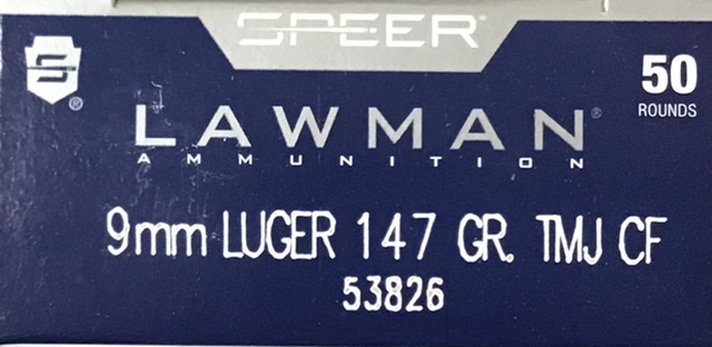 9mm Luger Speer Lawman Clean Fire 147 gr. TMJ 500 rnds 985 fps (10 boxes) Brass M-ID: 53826 UPC: 076683538260