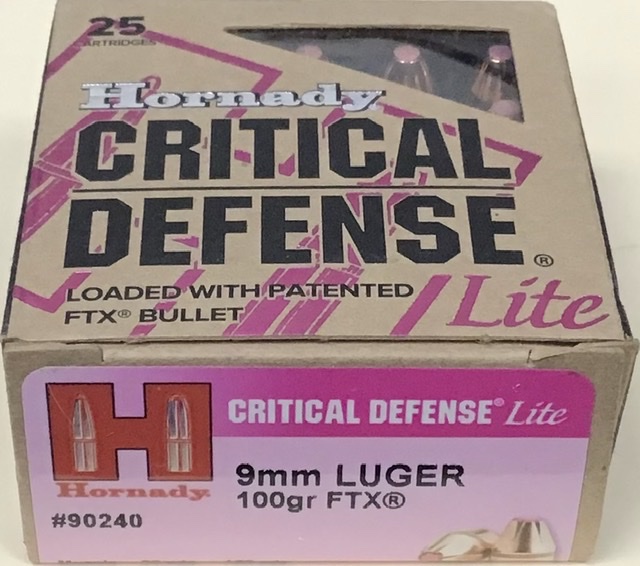 9mm Luger Hornady Critical Defense Lite 100 gr. FTX 250 rnds 1125 fps (10 boxes) Brass M-ID: 90240 UPC: 090255902402