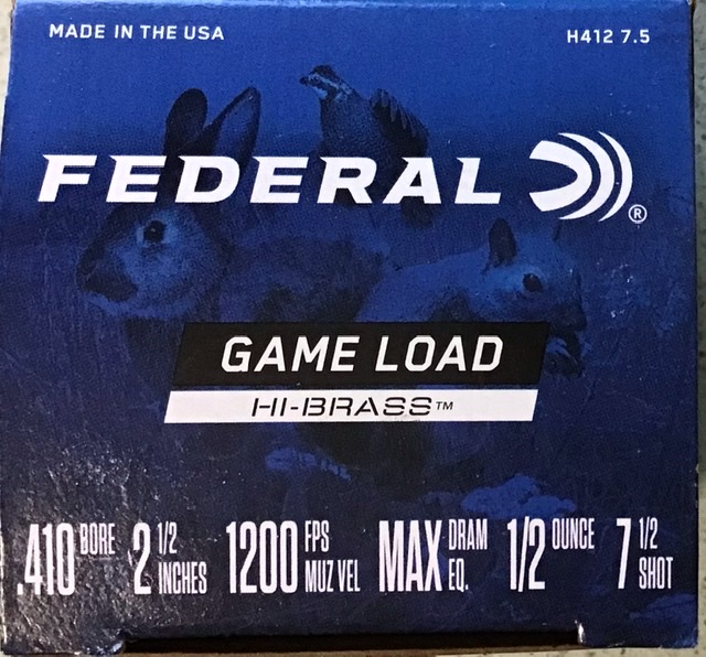 410 Federal Game Load 2.5 in. 1/2 oz. 7.5 25 rnds Hi-Brass 1200 fps M-ID: H41275 UPC: 029465008833