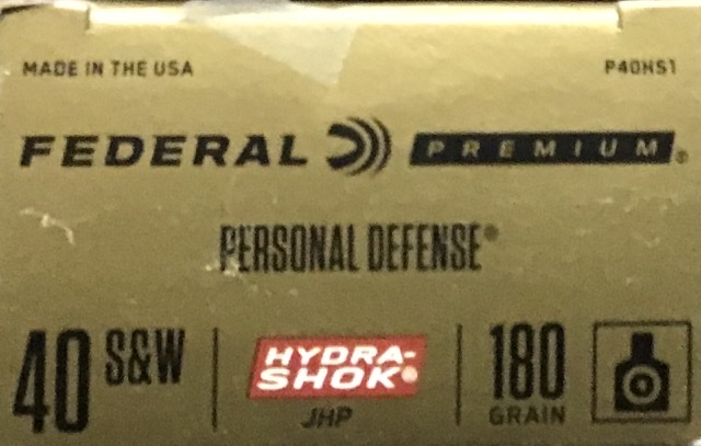 40 S&W Federal 180 grain JHP Hydra-Shock 20 rounds M-ID: P40HS1 UPC: 029465088606