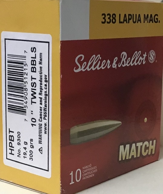 338 Lapua Mag. Seller & Bellot 300 grain Hollow Point Boat Tail 10 rounds M-ID: SB338LMB UPC: 754908512157