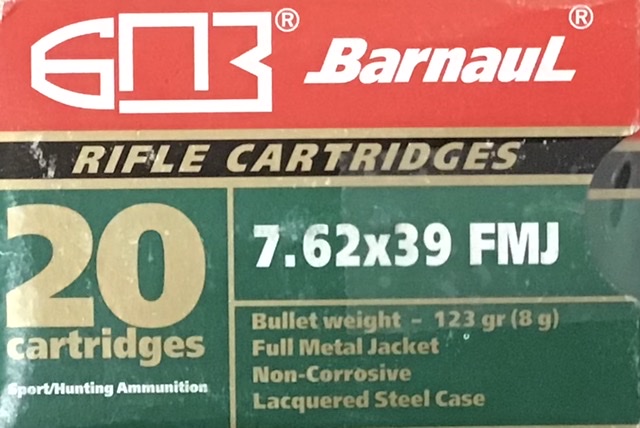 7.62x39 Barnaul 123 Grain Full Metal Jacket Lacquered Steel Case 20 Rounds M-ID: 4607094860266 UPC: 4607094860266