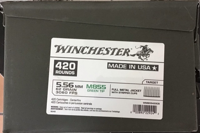 5.56mm Winchester 62 gr. FMJ Stripper Clips Green Tip in Metal Can 420 rnds M-ID: WM855420CS UPC: 020892229242