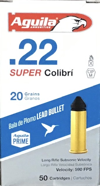 22 LR Aguila Super Colibri 20 grain Subsonic 50 rounds M-ID: 1B220339 UPC: 640420001289