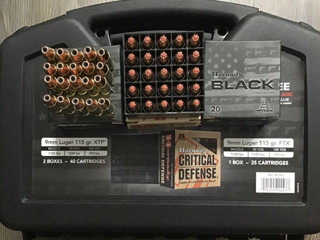 9mm Hornady 115 gr (XTP 40 Rnds, FTX 25 rnds) = 65 rnds Includes gun case M-ID: 90243 UPC: 090255902433