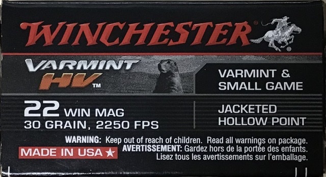 22 Win Mag Winchester Varmint HV 30 Grain JHP Rimfire (5 Boxes of 50 Rounds) = 250 Rounds M-ID: S22M2 UPC: 020892102040