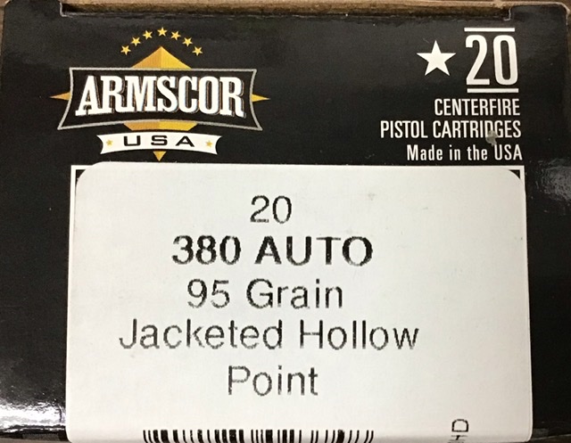 380 Auto Armscor 95 gr. JHP 100 rnds (5 boxes) Brass UPC: 812285023748
