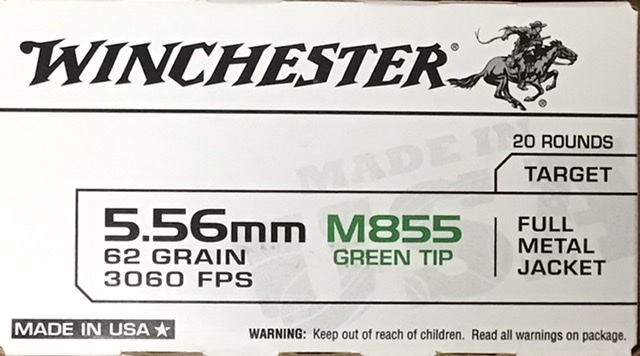 5.56 Winchester M855 62 Grain Green Tip Full Metal Jacket 20 Rounds M-ID: USA855K UPC: 020892228474
