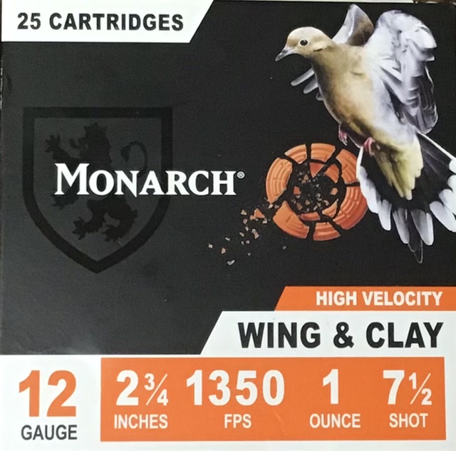12 Gauge Monarch High Velocity Wing & Clay 2 3/4" 1 oz. 7.5 Shot (10 Boxes of 25 Rounds) = 250 Rounds M-ID: 164867 UPC: 420002609818