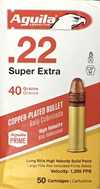 22 LR Aguila 40 Gr Super Extra Copper Plated High Velocity 50 Rnds M-ID: 1B220328 UPC: 640420001012