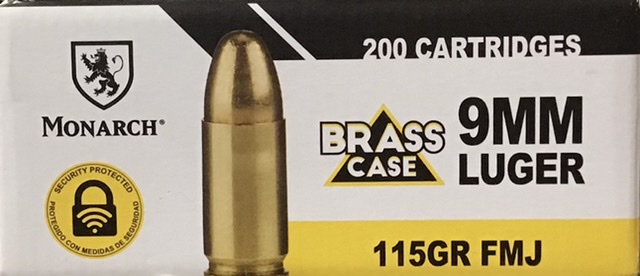 9mm Luger Monarch 115 Grain Brass Case Full Metal Jacket 200 Rounds M-ID: 161660 UPC: 420002273750