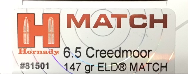 6.5 Creedmoor Hornady Match 147 Grain ELD Match 20 Rounds M-ID: 81501 UPC: 090255815016