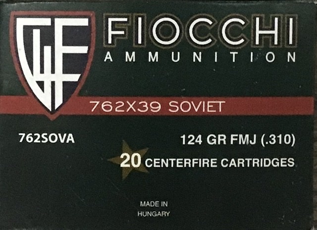 7.62x39 Soviet Fiocchi 124 grain Full Metal Jacket **BRASS** 20 rounds M-ID: 762SOVA UPC: 762344704951