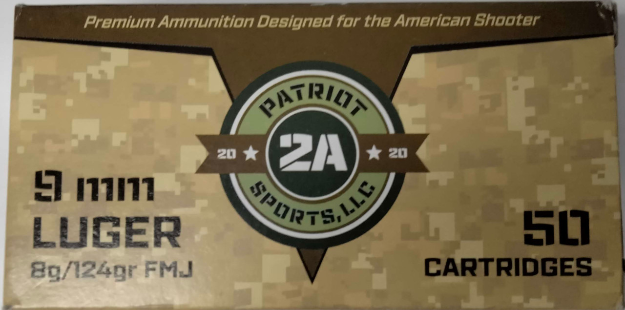 9mm Luger Patriot Sports USA 124 gr. Full Metal Jacket FMJ 50 rnds Brass M-ID: P9MM124F UPC: 850053775154
