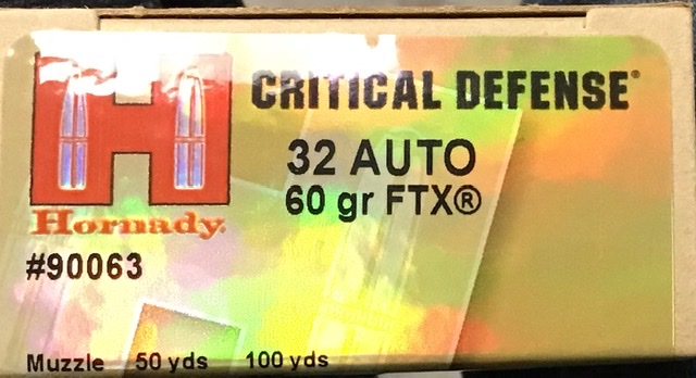 32 Auto Hornady Critical Defense 60 gr. FTX 25 rnds 1000 fps Brass M-ID: 90063 UPC: 090255900637