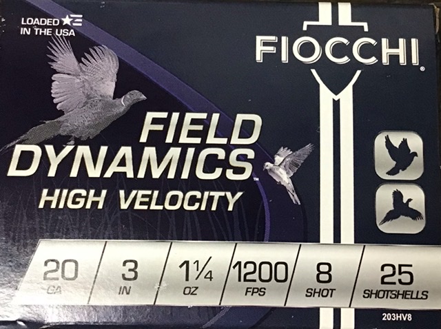 20 Gauge Fiocchi Field Dynamics 3 in. 1 1/4 oz. 8 shot 25 rnds High Velocity 1200 fps M-ID: 203HV8 UPC: 762344707969