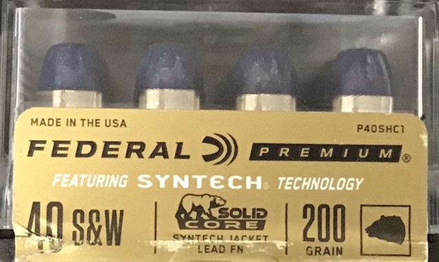 40 S&W Federal Premium 200 Grain Solid Core Syntech Jacket Lead Flat Nose 50 Rounds M-ID: P40SHC1 UPC: 604544658149