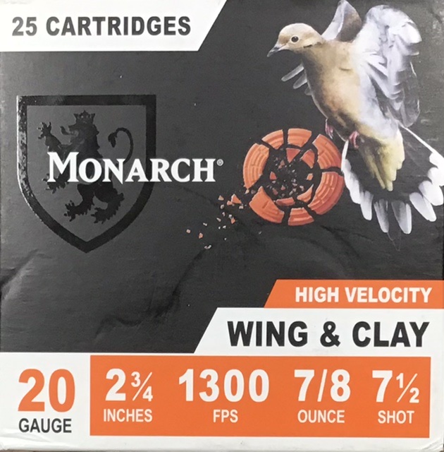 20 Gauge Monarch High Velocity Wing & Clay 2 3/4" 7/8 oz. 7.5 Shot 25 Rounds M-ID: 164868 UPC: 420002609825