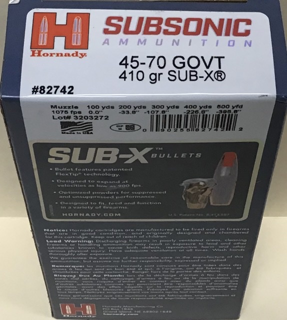 45-70 Govt Hornady Subsonic 410 Grain Sub-X 20 Rounds M-ID: 82742 UPC: 090255827422