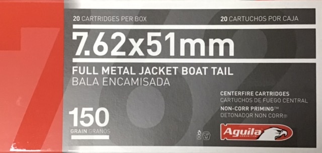 7.62x51mm Aguila 150 Gr Full Metal Jacket Boat Tail 20 Rounds M-ID: 76251150 UPC: 640420003252