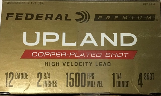 12 Gauge Federal Premium Upland 2.75 in. 1 1/4 oz. 4 shot 25 rnds Copper Plated Shot High Velocity Lead 1500 fps M-ID: PF1544 UPC: 029465020026