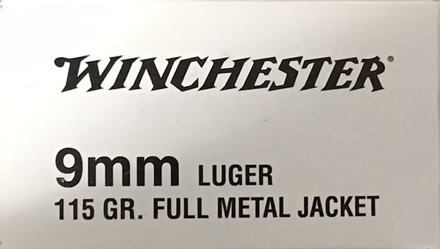 9mm Luger Winchester 115 Grain Full Metal Jacket 100 Rounds (white box) M-ID: CT638 UPC: 000148024883