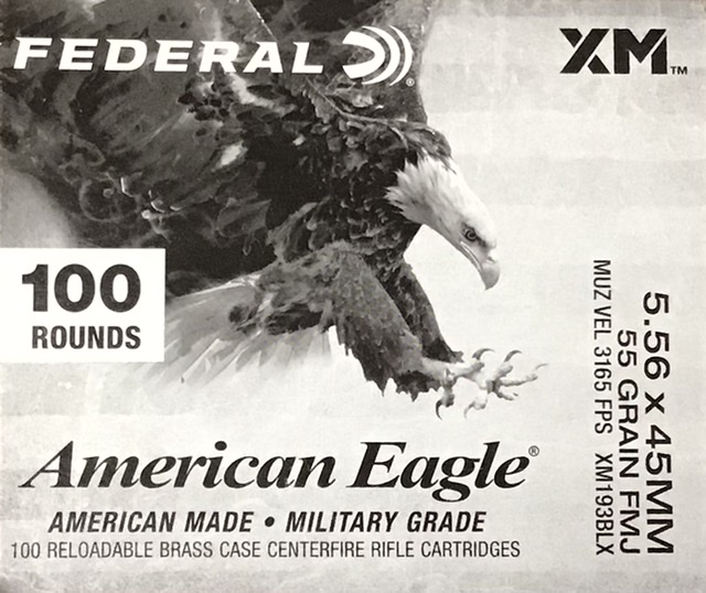 5.56x45mm Federal American Eagle 55 Grain Full Metal Jacket 100 Rounds M-ID: XM193BLX UPC: 604544671841
