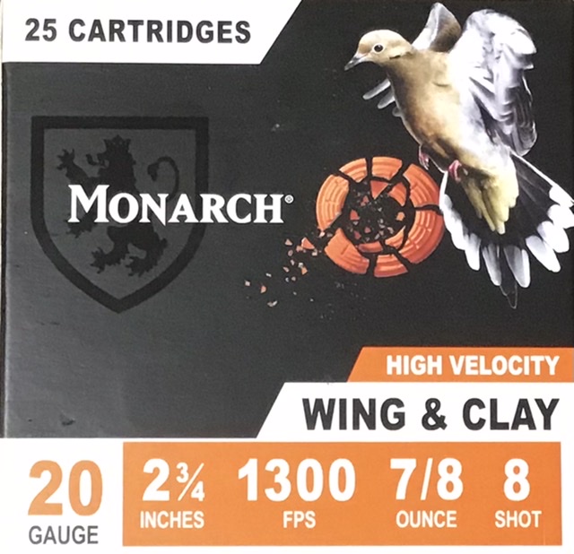 20 Gauge Monarch High Velocity 1300 FPS Wing & Clay 2 3/4" 7/8 oz. 8 Shot 25 Rounds M-ID: UN0012 UPC: 420002610029