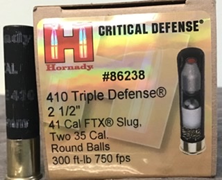 .410/45 Long Colt Hornady Critical Defense Triple Defense 2 1/2 inch 41 Cal FTX Slug two 35 Cal round balls 20 rnds M-ID: 86238 UPC: 090255862386