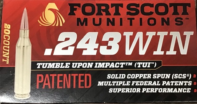 243 Win Fort Scott Munitions 80 gr. TUI, Tumble Upon Impact 20 rnds Brass M-ID: 243-080-SCV UPC: 758381721570