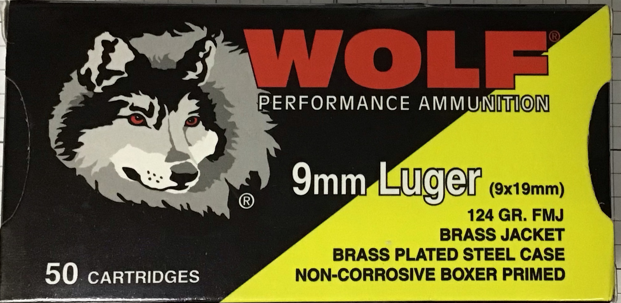 9mm Luger Wolf 124 gr. Full Metal Jacket 50 rnds Brass Plated Steel UPC: 645611309953