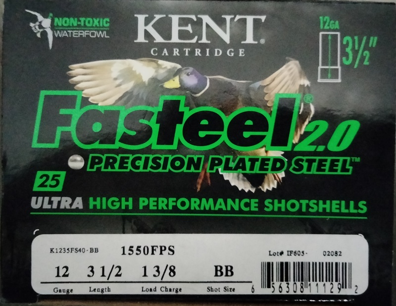 12 Gauge Kent Fasteel 2.0 Precision Plated Steel 3 1/2 Inches 1550 Feet Per Second BB Shot Size 25 Rounds M-ID: K1235FS40BB UPC: 656308111292
