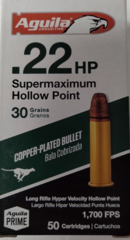 22 Long Rifle Aguila 30 gr HP 50 rnds Supermaximum Copper Plated M-ID: 1B222297 UPC: 640420001333