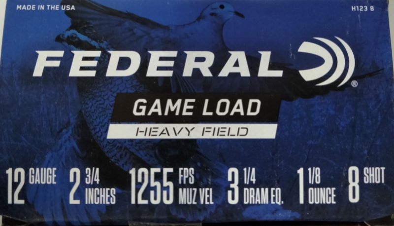 12 Gauge Federal Game Load 2 3/4 in 1 1/8 oz 8 shot 25 rnds Heavy Field M-ID: H1238 UPC: 029465002084