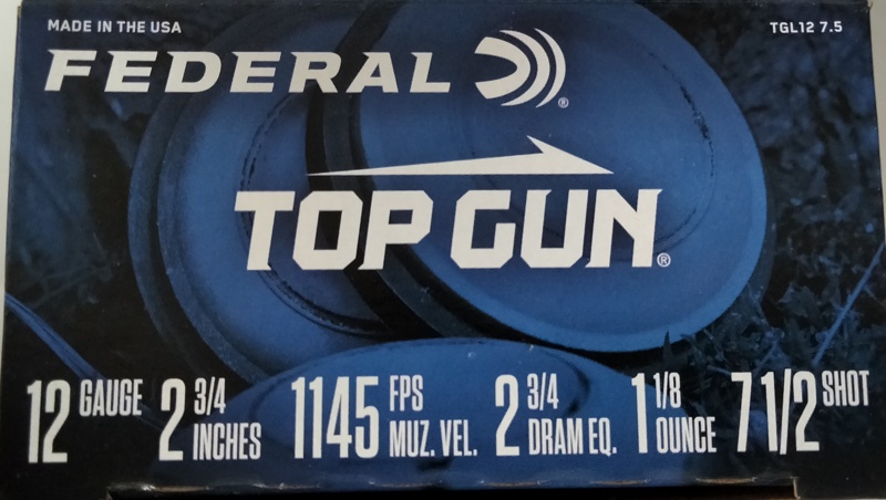 12 Gauge Federal Top Gun 2 3/4 in 1 1/8 oz 7 1/2 shot 25 rnds Target Load M-ID: TGL12 7.5 UPC: 029465019808