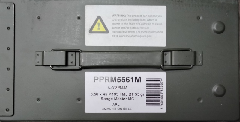 5.56x45mm NATO M193 PPU Rangemaster 55 gr FMJBT 1000 rnds Brass in METAL CAN M-ID: PPRM5561M UPC: 8605003820079
