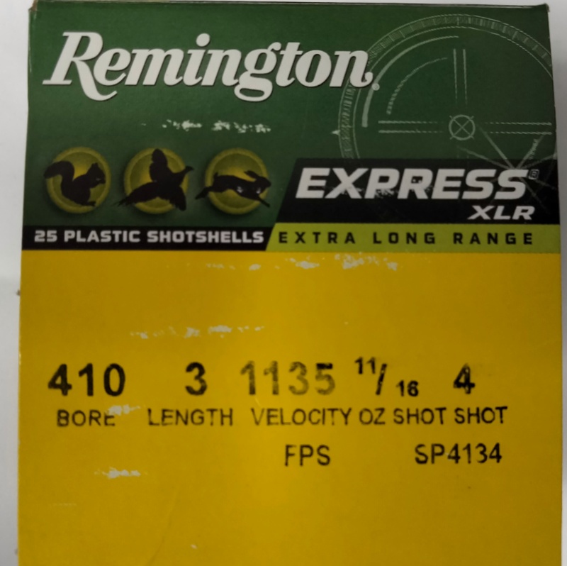 410 Remington Express XLR 3 in. 1 1/16 oz. 4 shot 25 rnds Extra Long Range 1135 fps M-ID: 20771 UPC: 047700017303