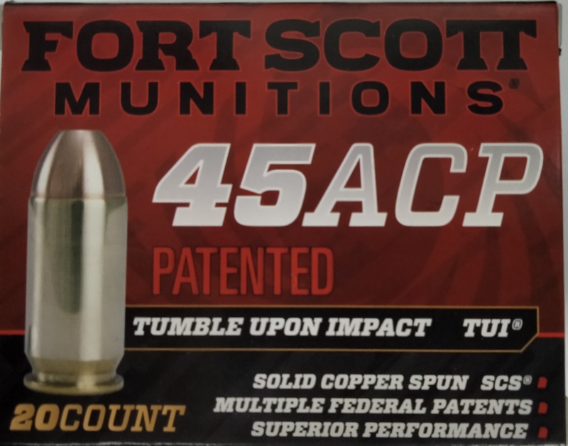 45 Auto Fort Scott Ammunition 180 gr. Solid Copper Spun 20 rnds 989 fps Brass M-ID: 450-180-SCV UPC: 753677048102