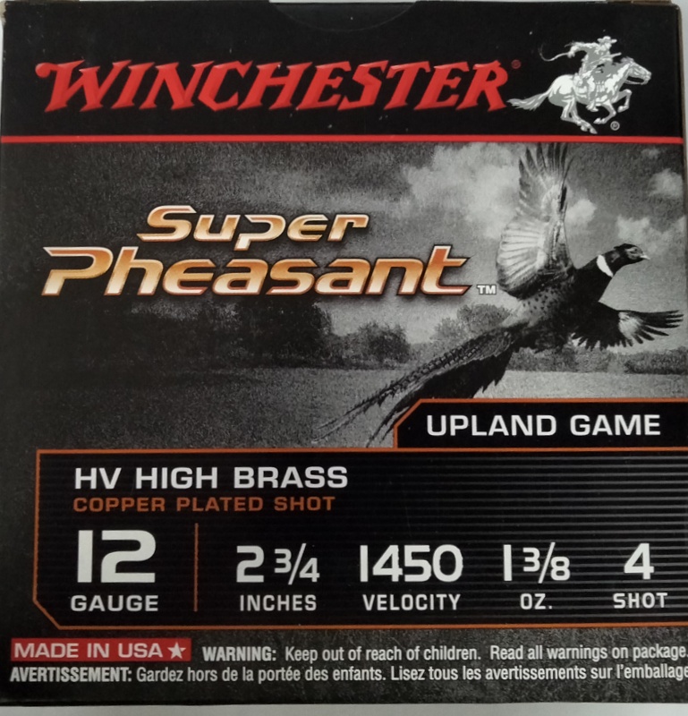 12 Gauge Winchester Super Pheasant 2.75 in. 1 3/8 oz. 4 shot 25 rnds HV High Brass Upland Game 1450 fps M-ID: X12PHV4 UPC: 020892017993