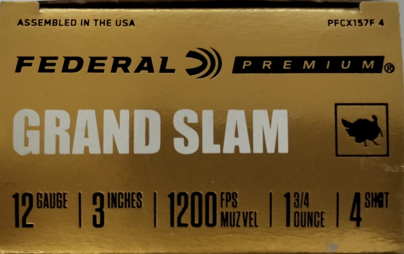 12 Gauge Federal Premium 3 in. 1.75 oz. 4 shot 10 rnds Grand Slam Turkey 1200 fps M-ID: PFCX157F4 UPC: 604544631807