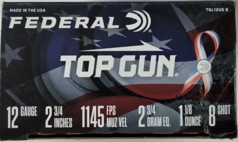 12 Gauge Federal Top Gun 2.75 in. 1.125 oz. 8 shot 250 rnds Special Edition RWB 1145 fps (10 boxes) M-ID: TGL12US8 UPC: 029465029227