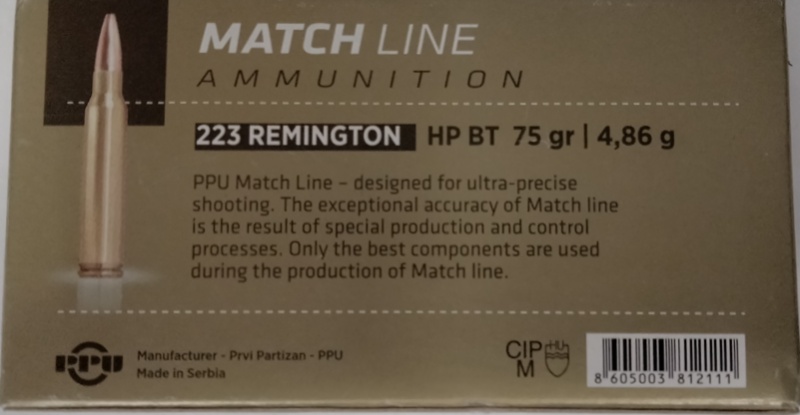 223 Rem PPU Match 75 gr HPBT 500 rnds (25 boxes of 20 rnds) Brass M-ID: PPM2232 UPC: 8605003812111