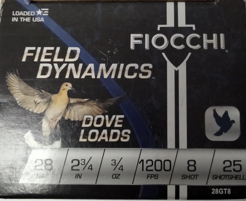 28 Gauge Fiocchi Field Dynamics 2.75 in. 3/4 oz oz. 8 shot 25 rnds Dove Loads 1200 fps M-ID: 28GT8 UPC: 762344703527