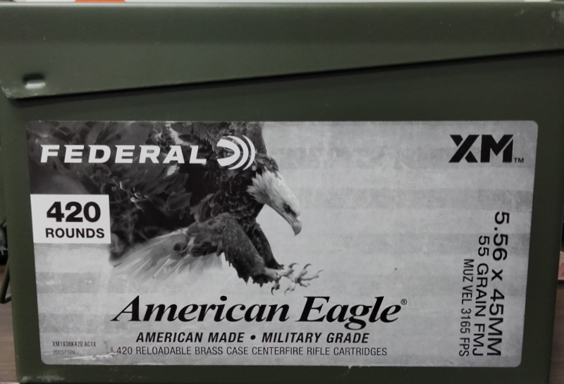 5.56 Federal American Eagle 55 gr. FMJBT 420 rnds 3165 fps Brass M-ID: XM193BK420AC1X UPC: 604544671858